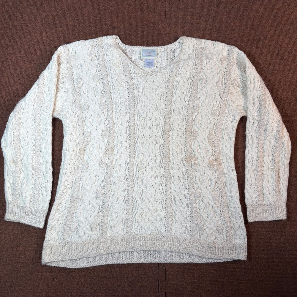 Susan Bristol Casuals Hand Knit Cable V-Neck Sweater Cream Metallic Women Small